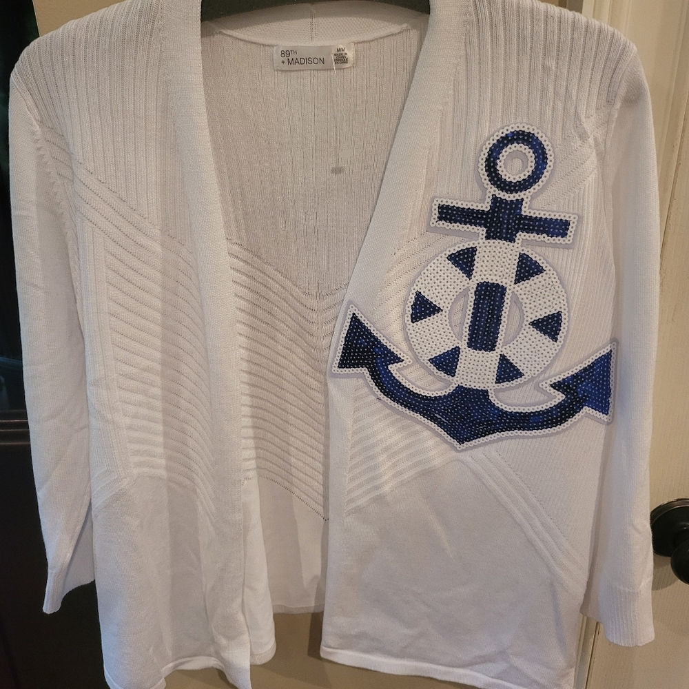 White cardigan with Anchor bouy